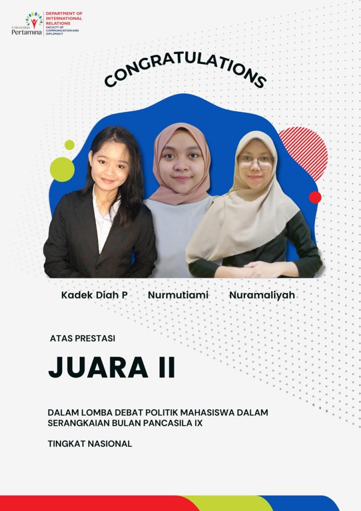 tim yang beranggotakan Kadek Diah P, Nurmutiami, dan Nuramaliyah berhasil mencetak prestasi dengan menjadi salah satu Juara dalam ajang perlombaan Debat Politik Mahasiswa.